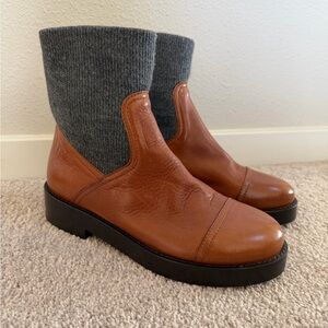 J. Crew Italian Leather Ribb-Cuff Brown Boots with Gray Knit